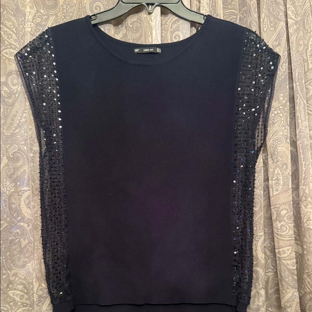 Zara Navy Sequin Sleeve Blouse